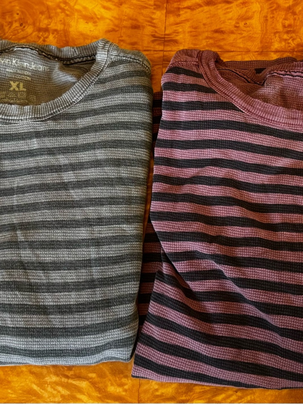 Calvin Klein Jeans Distress Green and Mauve Striped Crewneck Long Sleeve Shirts